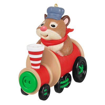 Hallmark Keepsake Cute as a Button ornament—hamster on red train engine with spools of thread, black button wheels, striped smokestack made of buttons
