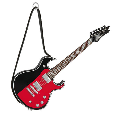 Red and black electric guitar Christmas ornament that plays “Street Fighting Man” by The Rolling Stones, battery operated

