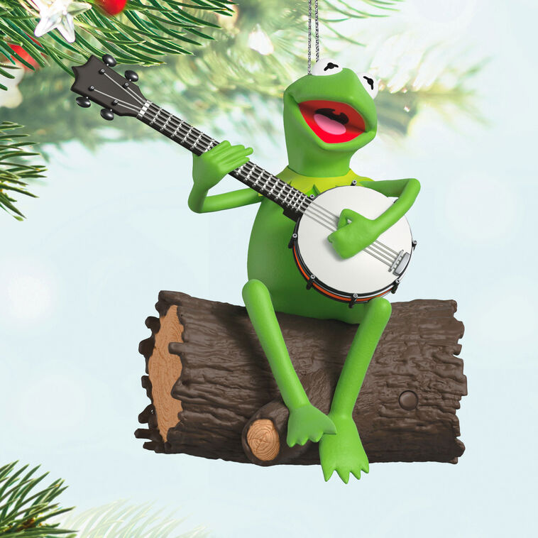 Kermit the Frog sitting on a log with a banjo, from The Muppets, musical Christmas ornament with motion.

