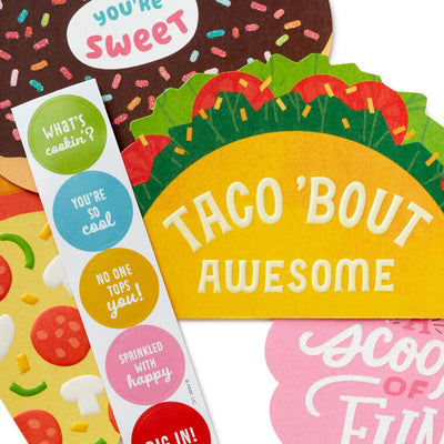 Hallmark blank notes set with taco, pizza, donut, and ice cream die-cut cards, matching stickers, pack of 10
