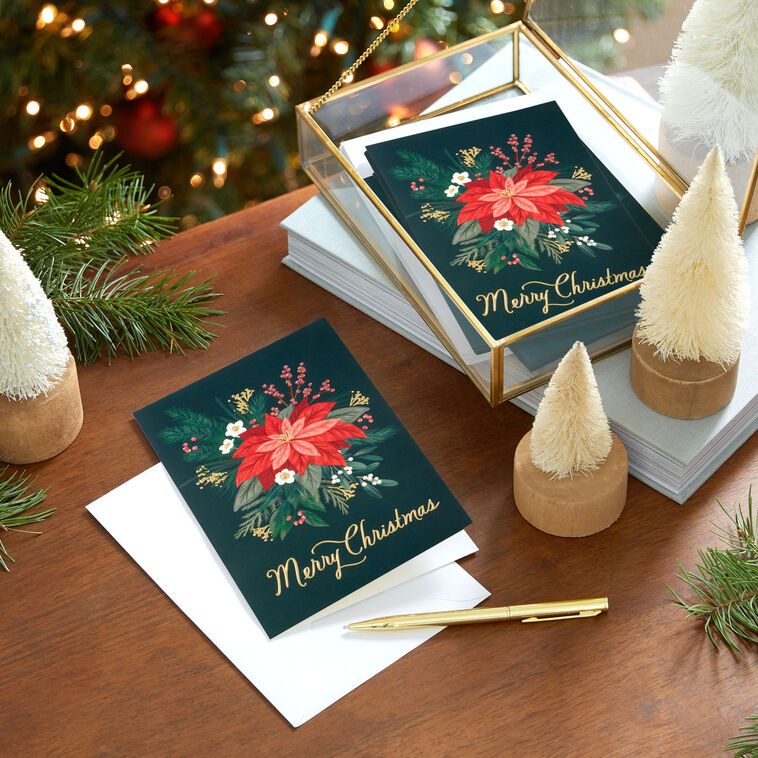 Elegant Poinsettia Boxed Christmas Cards, Pack of 16