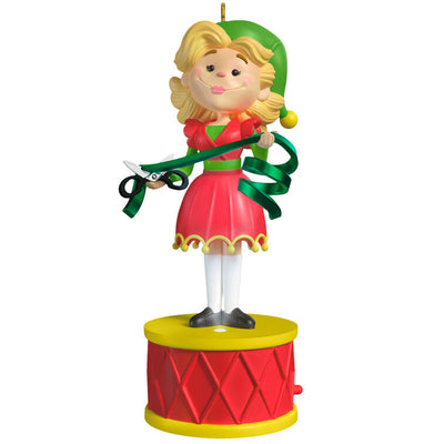 Jovie ornament, Elf movie character in red dress with green scarf, Hallmark Keepsake, Christmas tree decoration, light and sound feature.