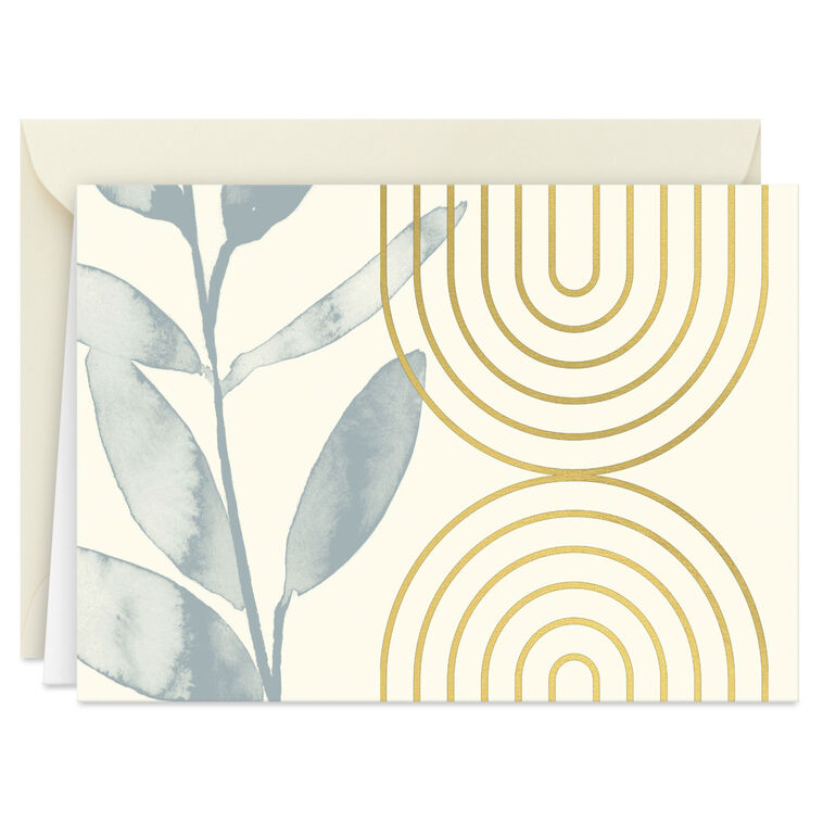 Ivory blank note cards with blue-gray eucalyptus branch artwork and gold foil concentric arch accents.
