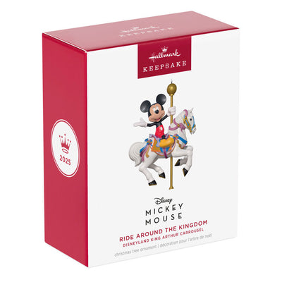 Hallmark Keepsake Disneyland King Arthur Carrousel ornament featuring Mickey Mouse riding a white carousel horse with gold pole, colorful saddle.