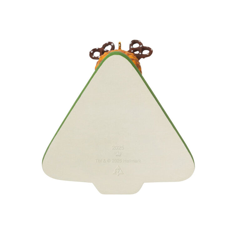 Hallmark Keepsake Season’s Treatings 2025 ornament—tree-shaped charcuterie board with cheeses, meat, crackers, snowman knife, and reindeer cheese ball
