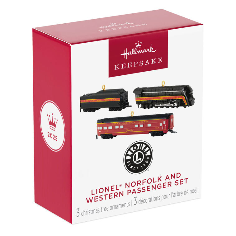 Hallmark Keepsake Mini Lionel Norfolk and Western Passenger Set ornaments—black steam engine, tender car, and red/yellow passenger car, set of three
