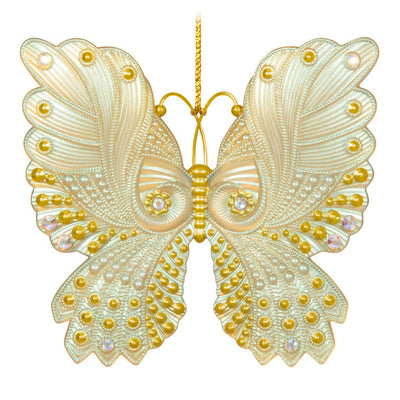 Brilliant Butterflies Christmas tree ornament with gold and pearlescent design, gem accents, and iridescent scalloped wings