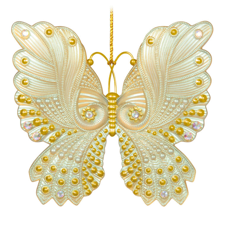 Brilliant Butterflies Christmas tree ornament with gold and pearlescent design, gem accents, and iridescent scalloped wings
