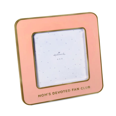 Coral enamel square picture frame with gold trim and “Mom's devoted fan club” caption below 4x4 photo opening.