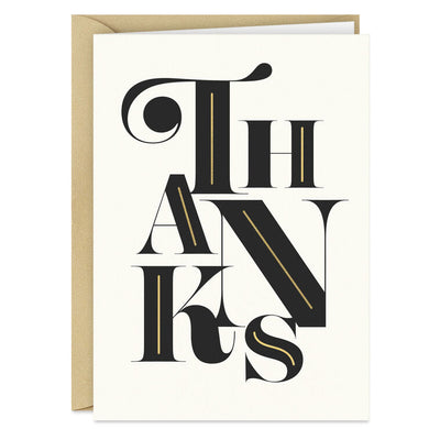 Modern black and white thank-you cards with bold uppercase lettering and gold foil details.

