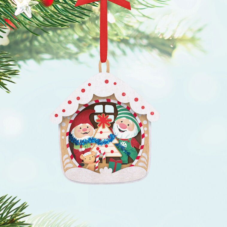 Hallmark Keepsake Gnome for Christmas 5th Anniversary papercraft ornament with gnomes, tree, and snow accents.
