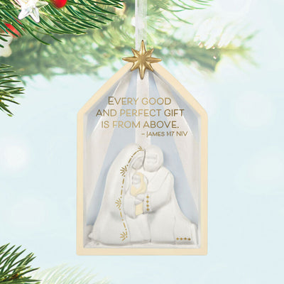 Porcelain nativity ornament with Holy Family, Star of Bethlehem, white and gold design, scripture verse, Christmas decor

