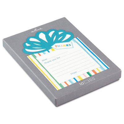 Prompted thank you cards shaped like a gift with teal bow and rainbow stripes; flat cards for kids with envelopes, pack of 10