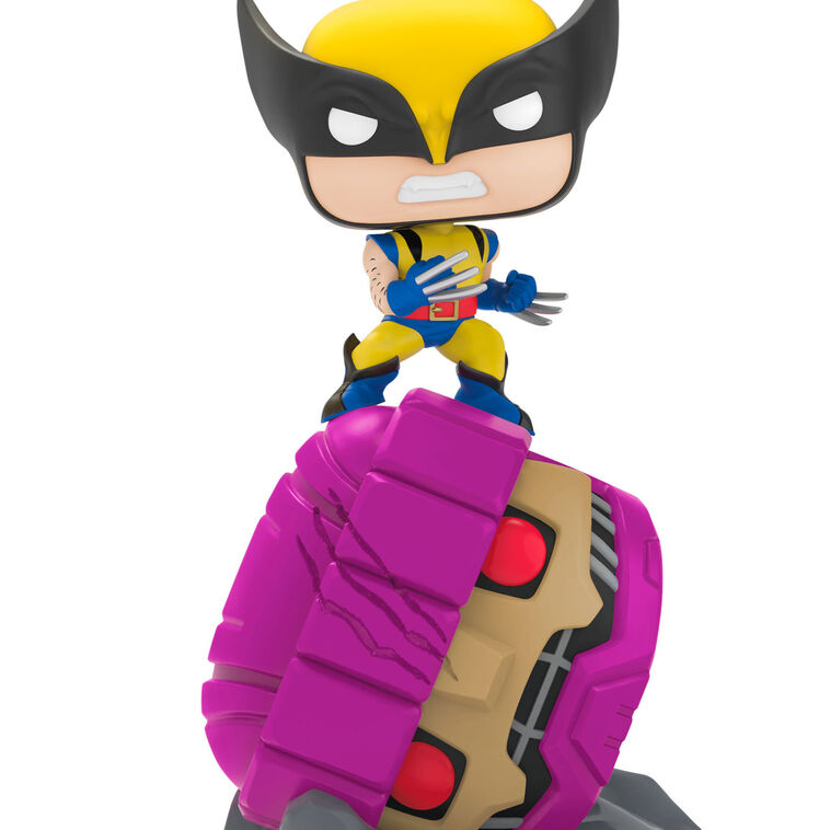 Wolverine Funko POP ornament, Marvel X-Men, defeating Sentinel, light-up eyes, Hallmark Keepsake, Christmas tree decoration.