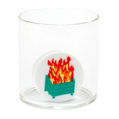 Hallmark Charmers silicone drink charm featuring a flaming dumpster design in red, yellow, and green.