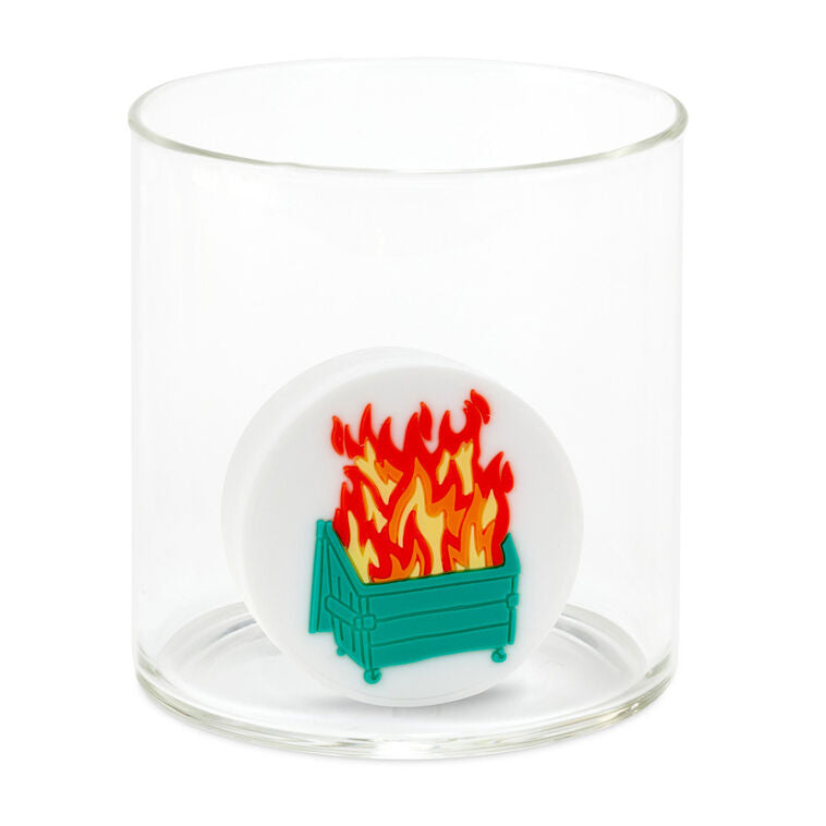 Hallmark Charmers silicone drink charm featuring a flaming dumpster design in red, yellow, and green.