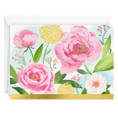 Pink and yellow floral note cards with green leaves on a sky-blue background, framed with gold foil border.
