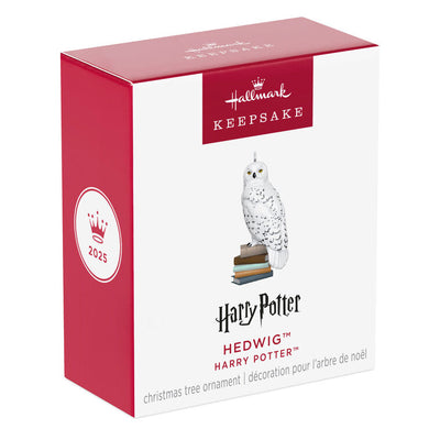 Hedwig snowy white owl perched on a stack of books, Hallmark mini Christmas ornament, Harry Potter collectible