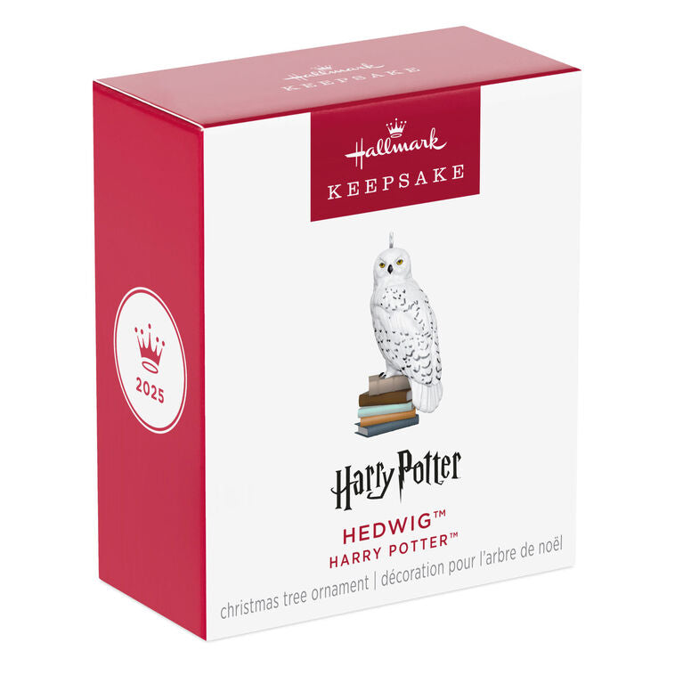 Hedwig snowy white owl perched on a stack of books, Hallmark mini Christmas ornament, Harry Potter collectible