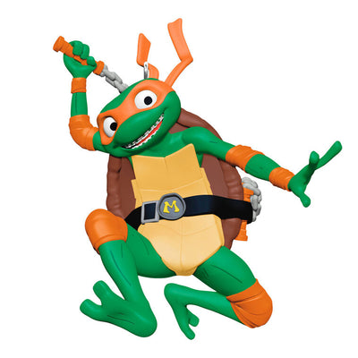 Michelangelo Teenage Mutant Ninja Turtle ornament in orange mask with nunchucks, Hallmark Keepsake Christmas tree decoration.