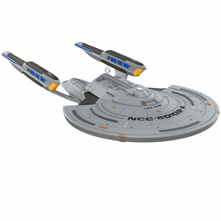 U.S.S. Titan-A starship ornament from Star Trek Picard, Constitution III-class, silver with blue accents, Hallmark collectible

