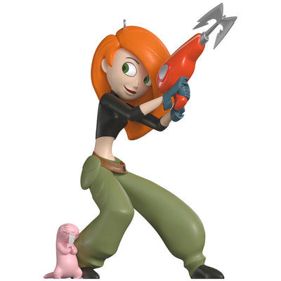 Kim Possible ornament in black top and green pants, holding grappling hook with Rufus the naked mole rat by her side.

