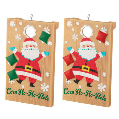 Set of 2 Christmas cornhole board ornaments with Santa design and red and green beanbags, festive holiday decoration


