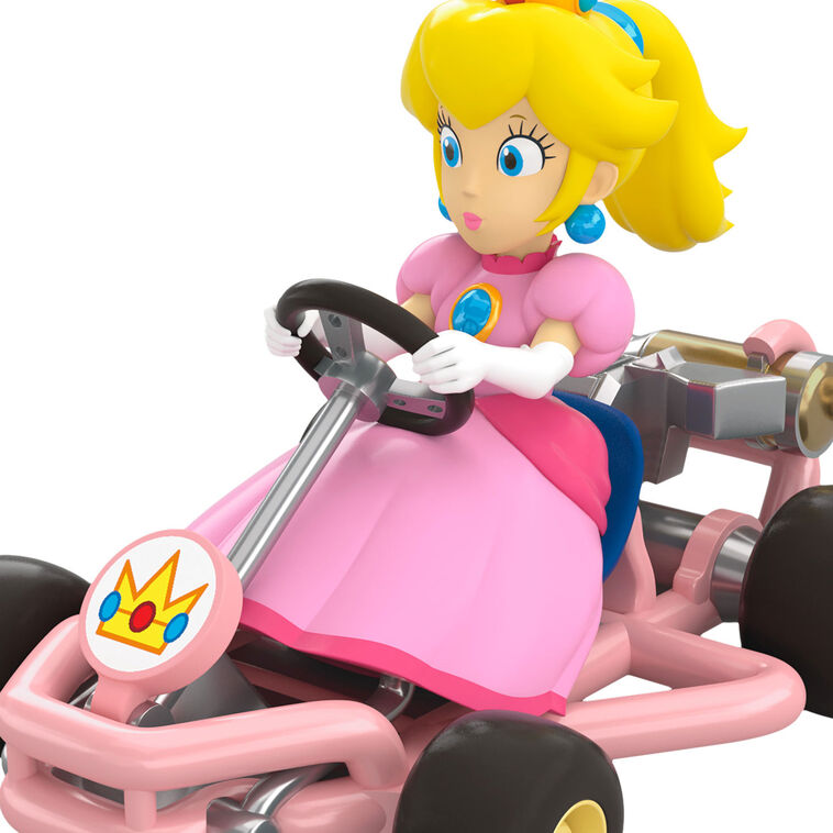 Princess Peach from Mario Kart drives a pink go-kart, wheels turning, Hallmark Keepsake Christmas ornament inspired by the Nintendo video game.