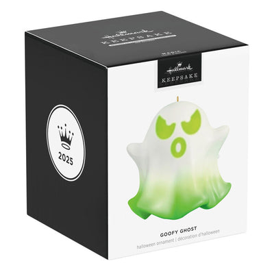 Animated ghost Halloween ornament with light, sound, and spooky phrases, compatible with Hallmark power cord