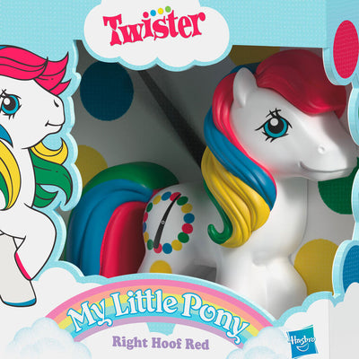 Hallmark Keepsake Hasbro My Little Pony Retro Twister Right Hoof Red ornament, white pony with rainbow mane and Twister spots.