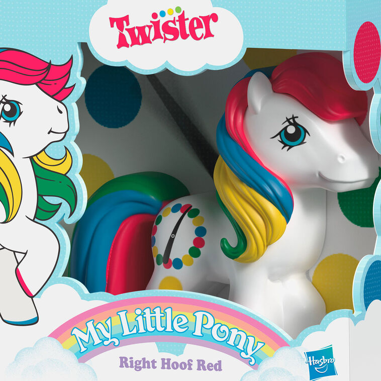 Hallmark Keepsake Hasbro My Little Pony Retro Twister Right Hoof Red ornament, white pony with rainbow mane and Twister spots.
