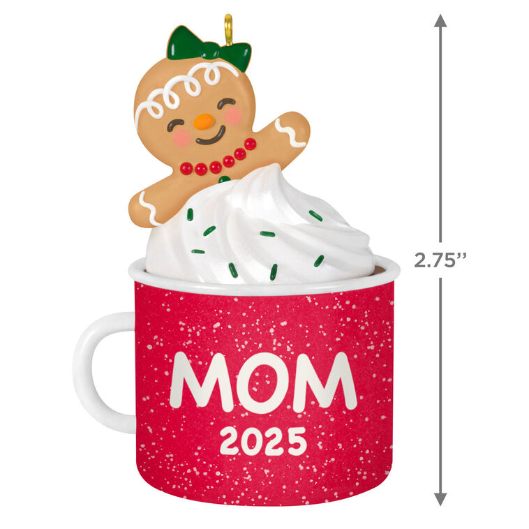 2025 Christmas ornament of gingerbread mom cookie in red mug with whipped cream, festive holiday design

