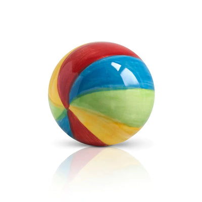 Colorful beach ball with red, yellow, and blue stripes on a white background