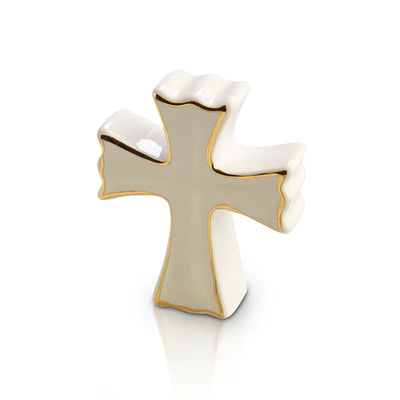 White cross with a thin gold border on a white background