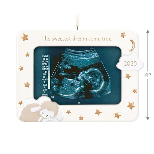Porcelain ornament with moon and stars design, ultrasound photo frame, and “The sweetest dream come true” message with 2025 charm.