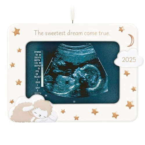 Porcelain ornament with moon and stars design, ultrasound photo frame, and “The sweetest dream come true” message with 2025 charm.