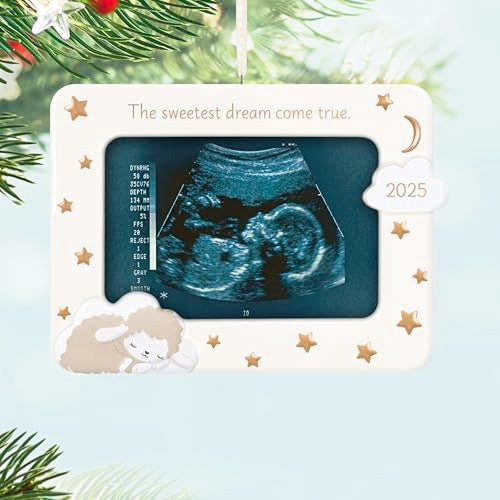 Porcelain ornament with moon and stars design, ultrasound photo frame, and “The sweetest dream come true” message with 2025 charm.