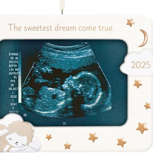 Porcelain ornament with moon and stars design, ultrasound photo frame, and “The sweetest dream come true” message with 2025 charm.