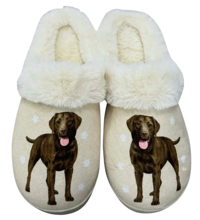 Chocolate Labrador slippers with soft brown plush, paw print accents, and cozy non-slip soles designed for pet lovers and indoor comfort.