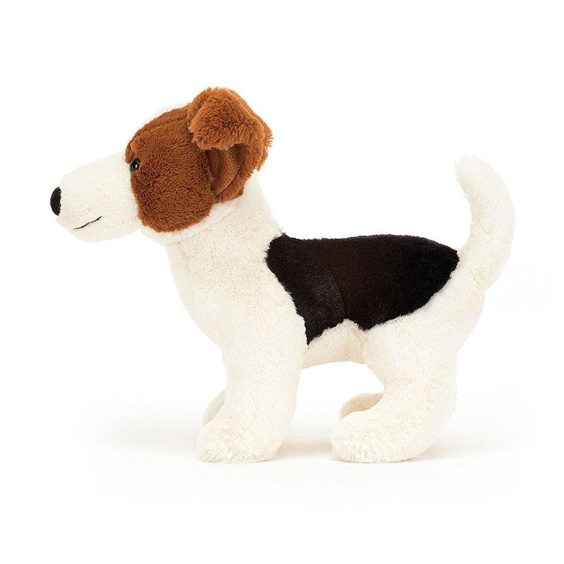 Brown and white plush Jack Russell Terrier dog toy.