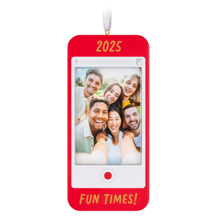 Red photo frame ornament shaped like a smartphone with “2025” and “Fun Times!” text for Christmas memories.
