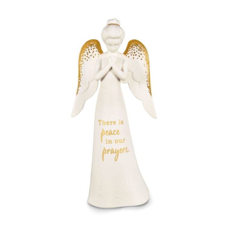 Joanne Wright porcelain angel figurine with gold foil wings and "There is peace in our prayers" message