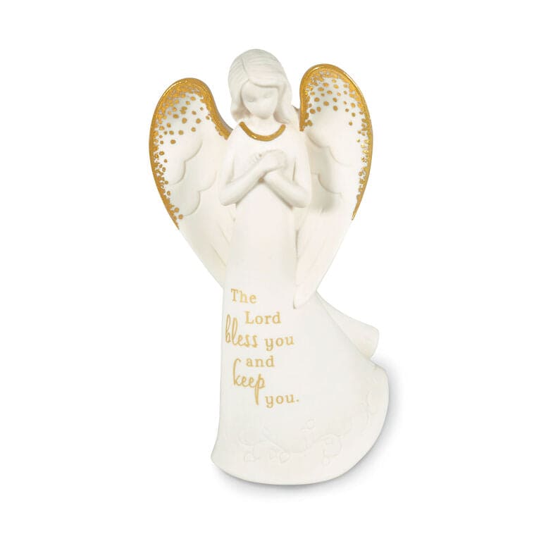 Joanne Wright porcelain angel figurine with gold foil accents and "The Lord bless you and keep you" message