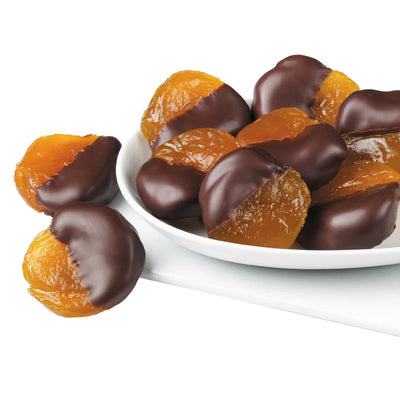 Gift box of 9 dark chocolate-dipped glaceed apricots made from California-grown fruit and 60% European dark chocolate.

