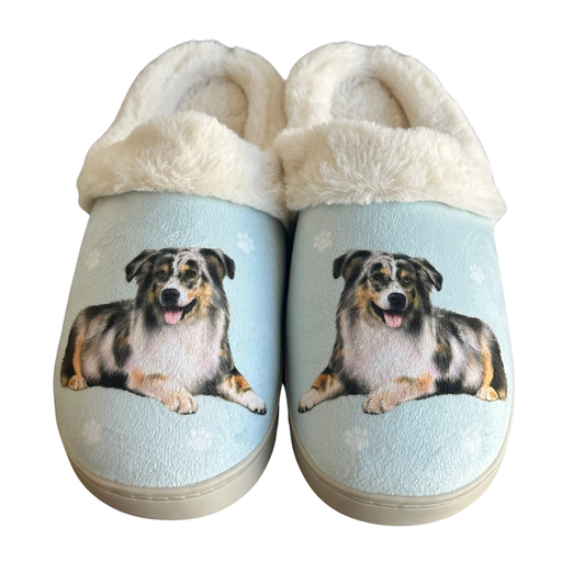 Australian Shepherd-themed slippers with plush interior, blue merle details, and non-slip soles.