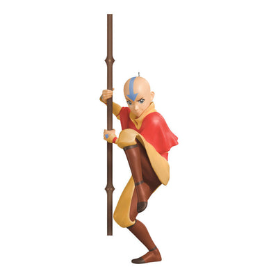 Christmas ornament of Aang from Avatar: The Last Airbender holding his staff in a defensive pose with arrow tattoo on forehead.