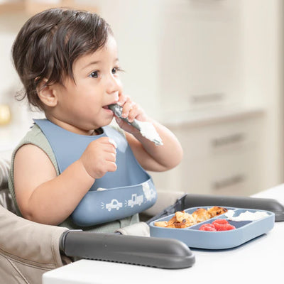 Bella Tunno Jungle Safari Learn to Eat Beginner Bundle with a suction plate, bowl, utensils, and cup for easy baby mealtime transition with food-safe silicone design.
