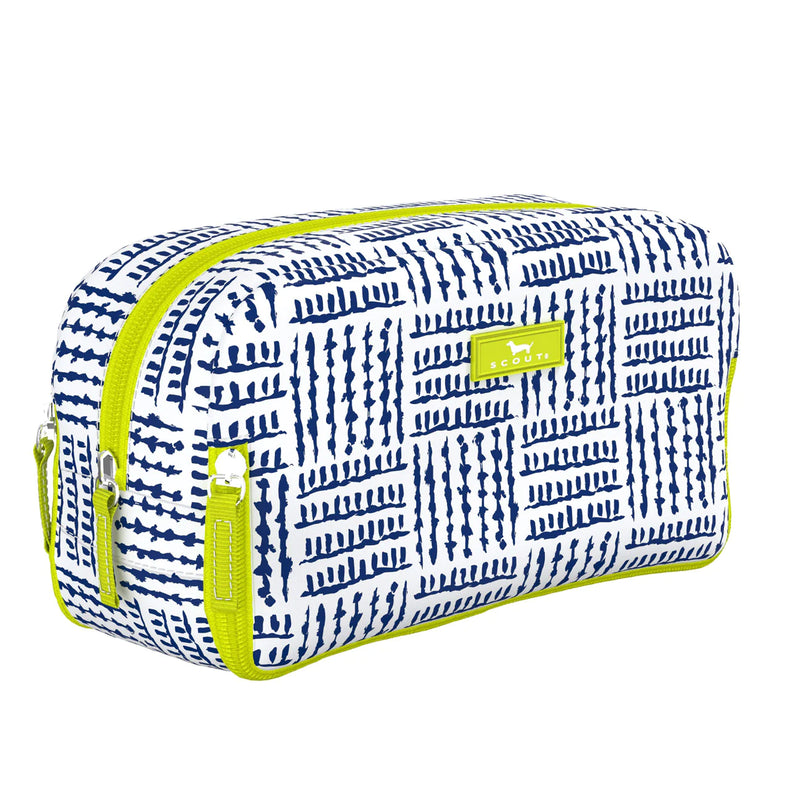 SCOUT Blueprint 3-way toiletry bag with blue and white geometric pattern, lime green zipper, and multiple compartments.