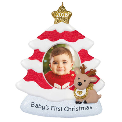 Red and white glittered Christmas tree photo frame ornament with 2025 star topper, baby’s photo slot, and reindeer calf accent.