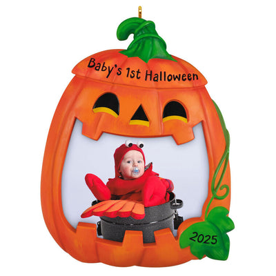 Halloween photo frame ornament with jack-o’-lantern design and 2025-year date for baby's first Halloween